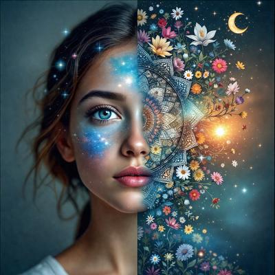 The primary subject of the image is a woman with blue and white makeup on her face. She is wearing a white shirt and has a flower design on her face. The setting is a nighttime scene with a moon in the background. The visual style is a combination of a photo and digital art, creating a unique and artistic representation of the woman. The colors and mood of the image are predominantly blue and white, giving it a serene and peaceful atmosphere.